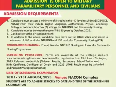 Now Open: Nigerian Army College of Nursing Admission 2025/26 | ND/HND & Community Nursing