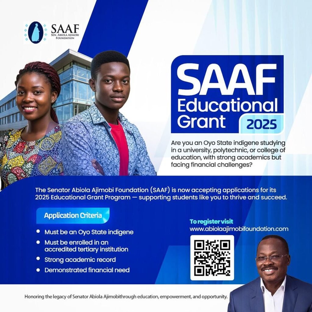 Applications Open for the Senator Abiola Ajimobi Foundation Scholarship (SAAF) 2025 Education Grant Worth ₦150,000 Applications Open for the Senator Abiola Ajimobi Foundation Scholarship (SAAF) 2025 Education Grant