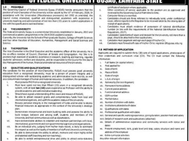 Apply Now for the Position of Vice-Chancellor at Federal University Gusau (FUGUS)