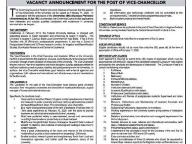 Vacancy Announcement | Vice-Chancellor Position at Federal University Gashua (FUGA), Yobe State