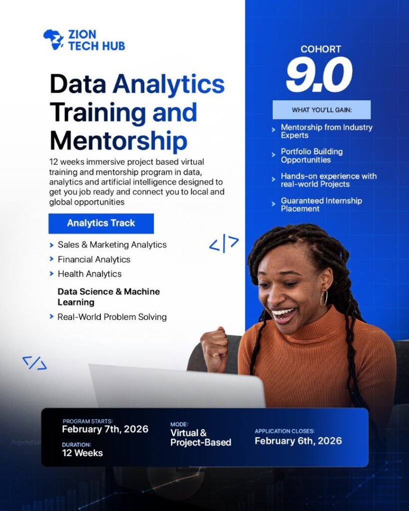 Link to Apply: Data Analytics Training and Mentorship (Cohort 9.0) at Zion Tech Hub Link to Apply: Data Analytics Training and Mentorship (Cohort 9.0) at Zion Tech Hub
