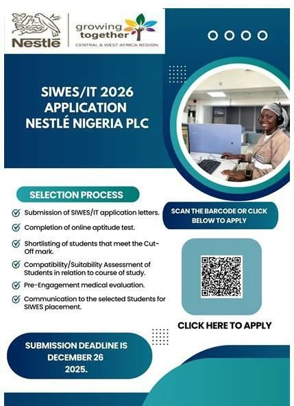 Nestlé Nigeria Plc Opens Applications for 2026 SIWES / Industrial Training (IT) Programme | Link to Apply Nestlé Nigeria Plc Opens Applications for 2026 SIWES / Industrial Training (IT) Programme | Link to Apply
