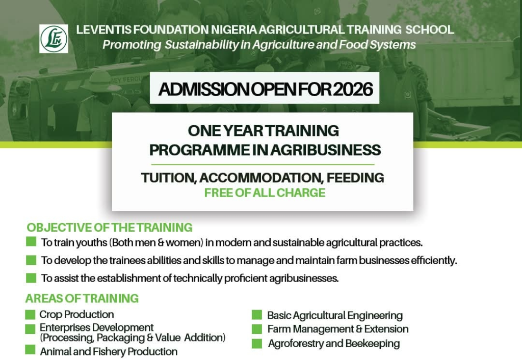 Apply Now: Leventis Foundation Nigeria 2026 One-Year Free Agricultural & Agribusiness Training Programme