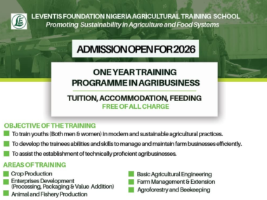 Apply Now: Leventis Foundation Nigeria 2026 One-Year Free Agricultural & Agribusiness Training Programme