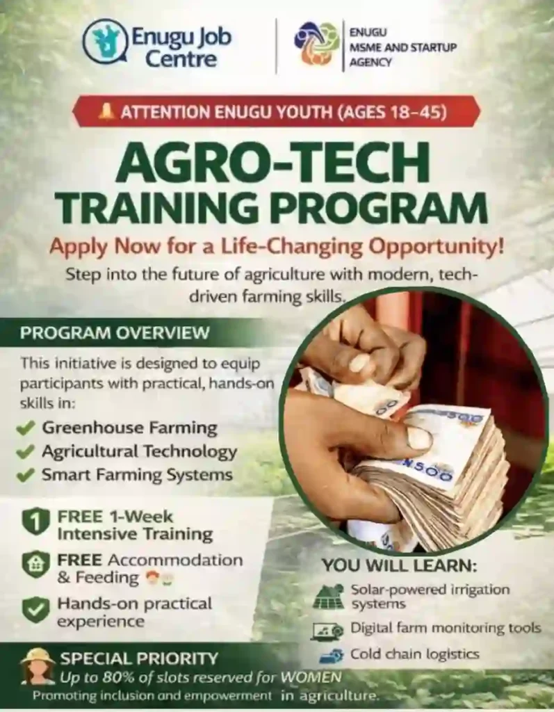 Enugu Agro-Tech Training Programme 2026 for Nigerian Youths | Fully Funded Enugu Agro-Tech Training Programme 2026 for Nigerian Youths | Fully Funded