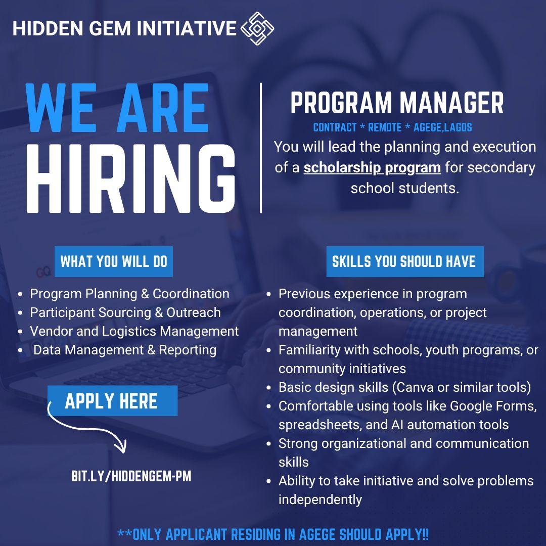 Now Program Apply Now: Program Manager at Hidden Gems Initiative