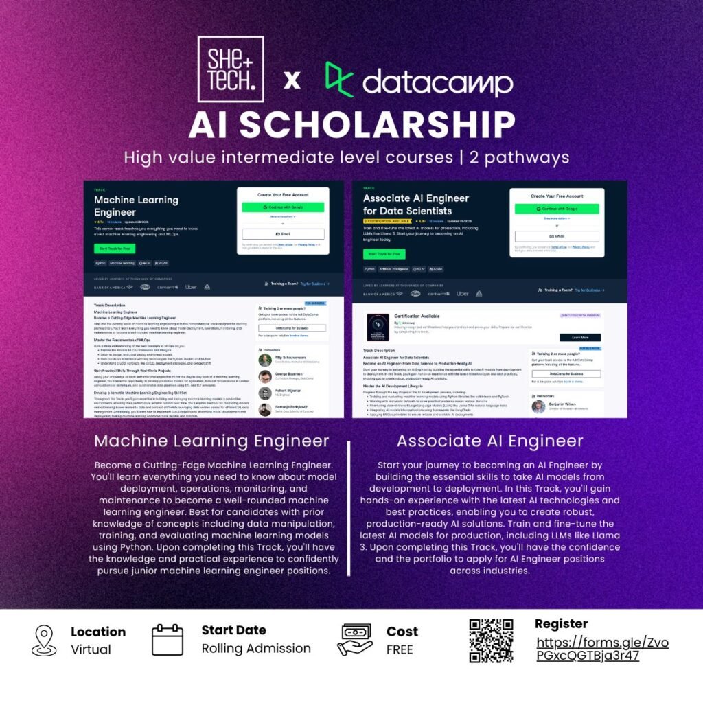 Apply for the ShePlus Tech & DataCamp Fully Funded AI Scholarship Program 2026