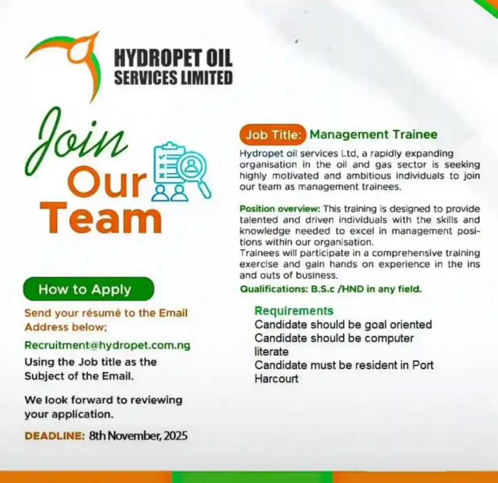 Hydropet Oil Services Ltd Graduate Trainee Program 2026 | Link to Apply